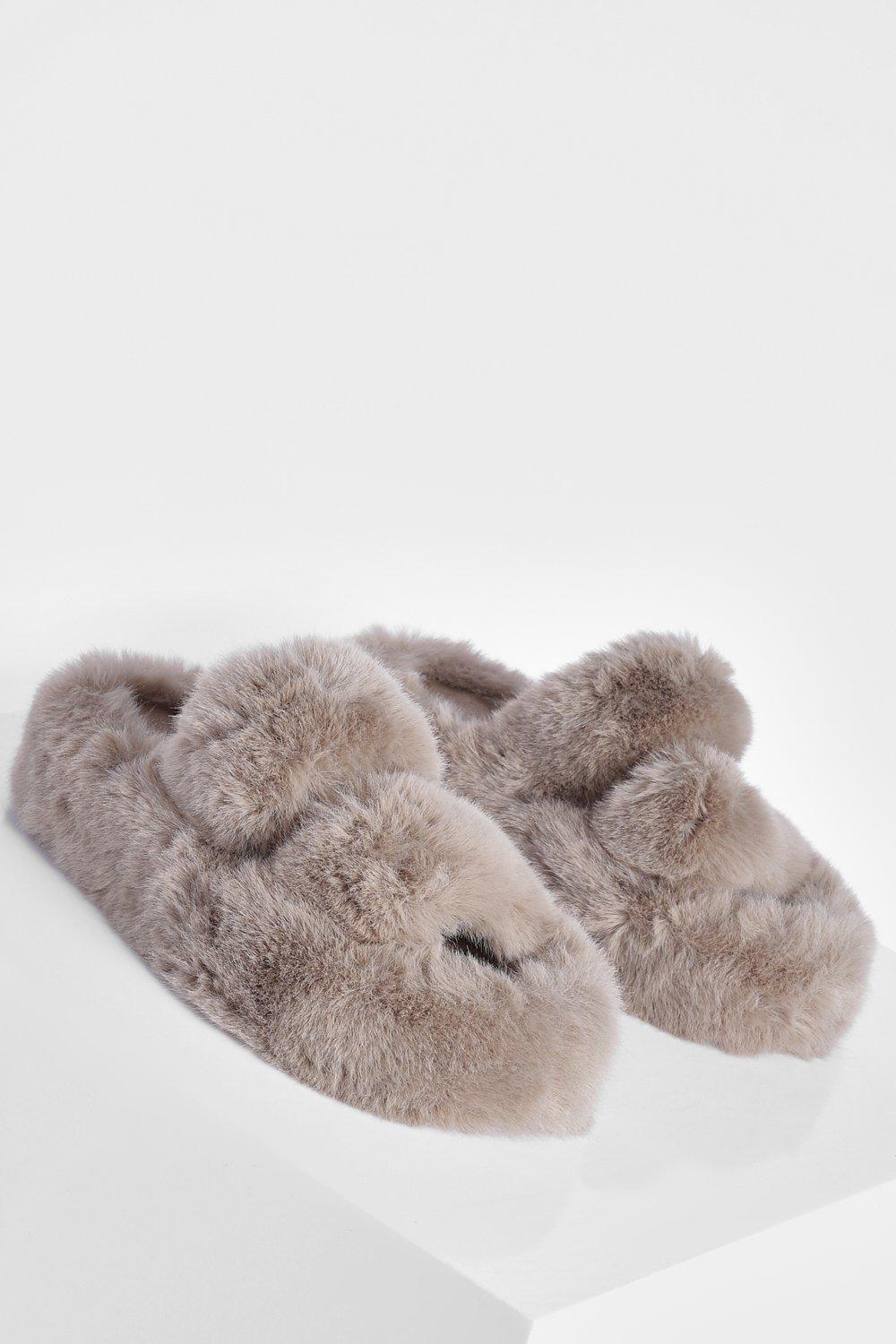 Faux Fur Platform Slippers in Tan