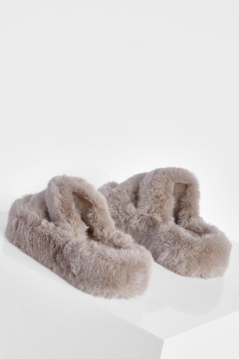 Faux Fur Platform Slippers in Tan