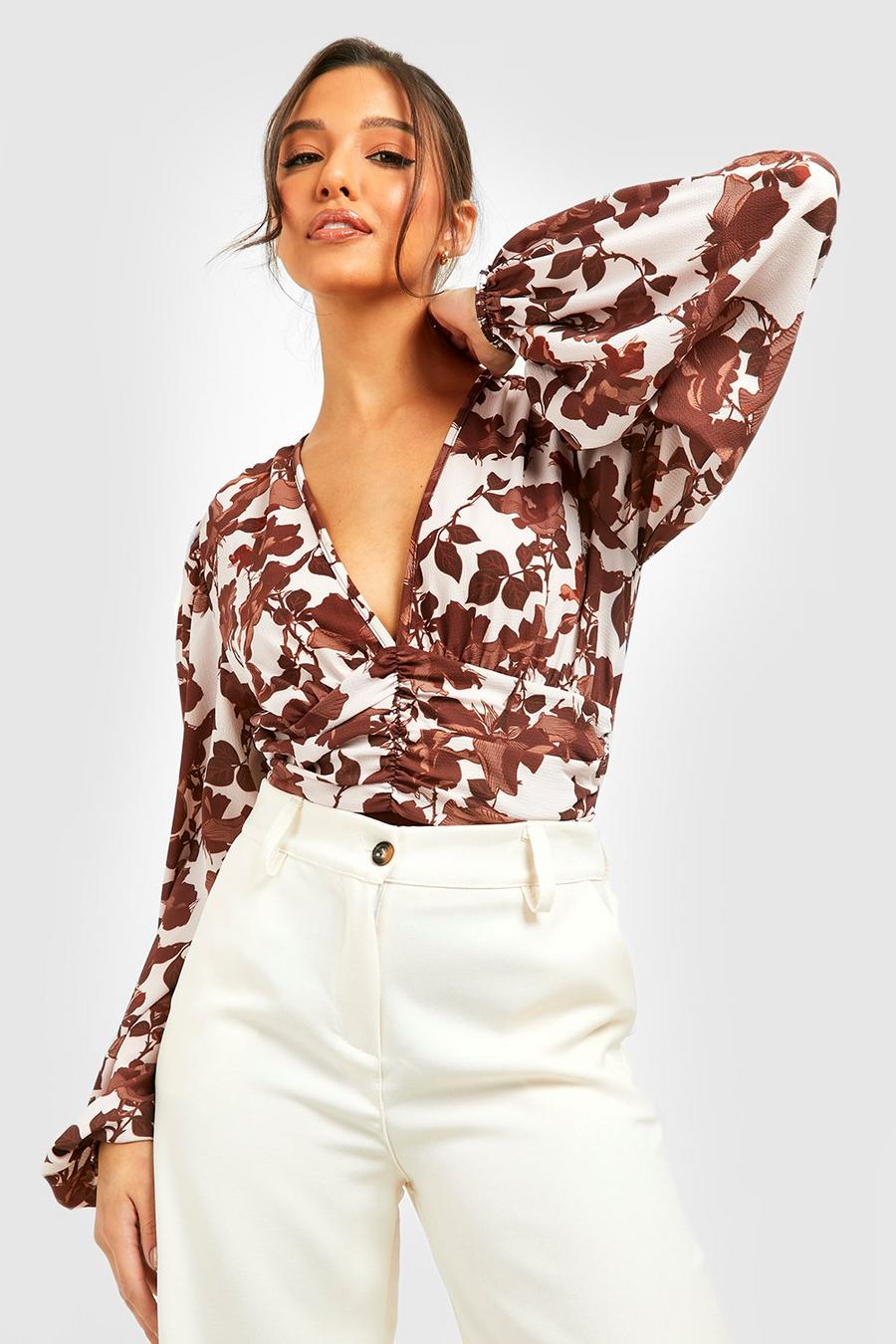 Chocolate Floral Ruched Waist Puff Sleeve Bodysuit image number 1