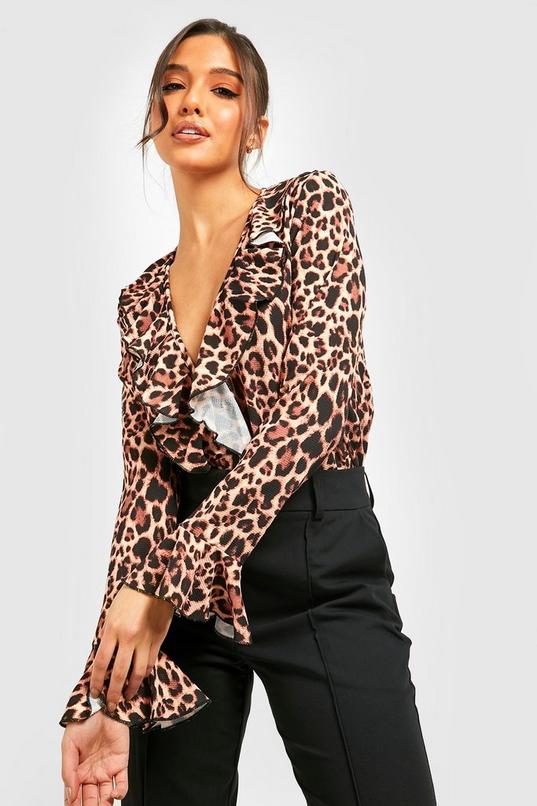 Womens Leopard Print Ruffle Detail Wrap Front One Piece 4 Boohoo Women Clothing Tops Bodies 