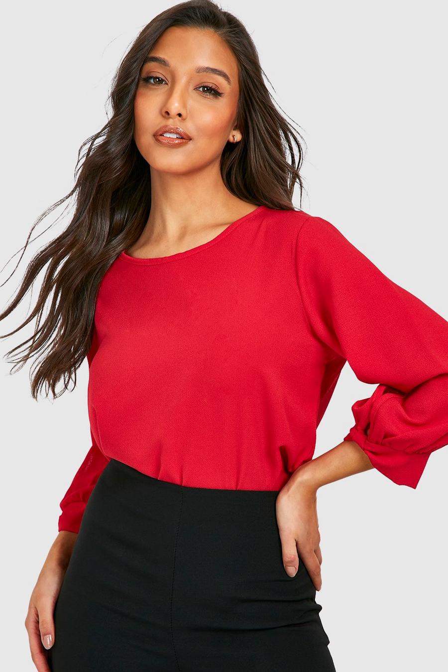 Red Bow Sleeve Woven Blouse image number 1