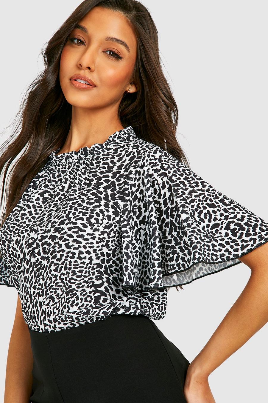Black Leopard Print Frill Sleeve & Neck Woven Blouse image number 1