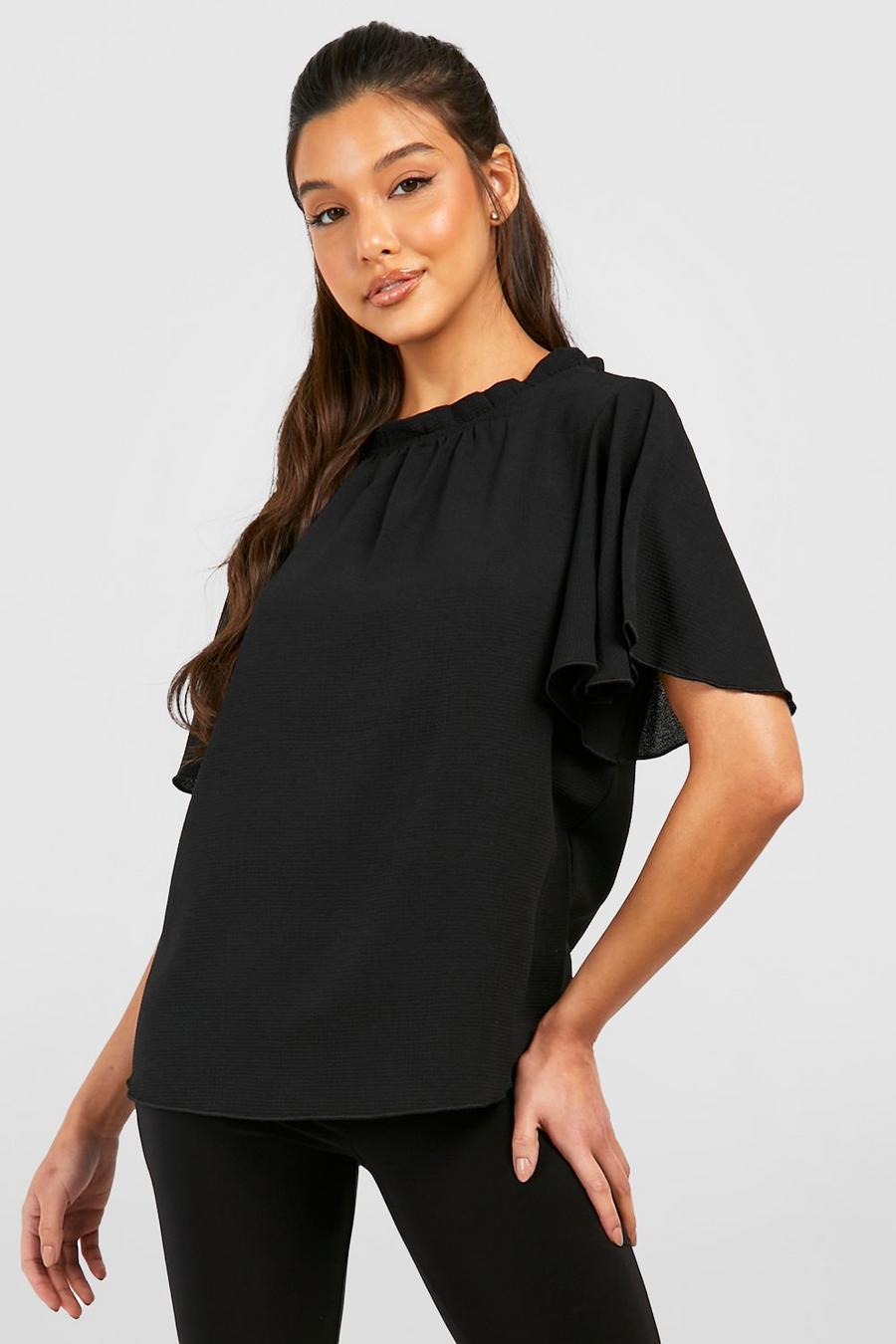 Black Frill Sleeve & Neck Woven Blouse image number 1
