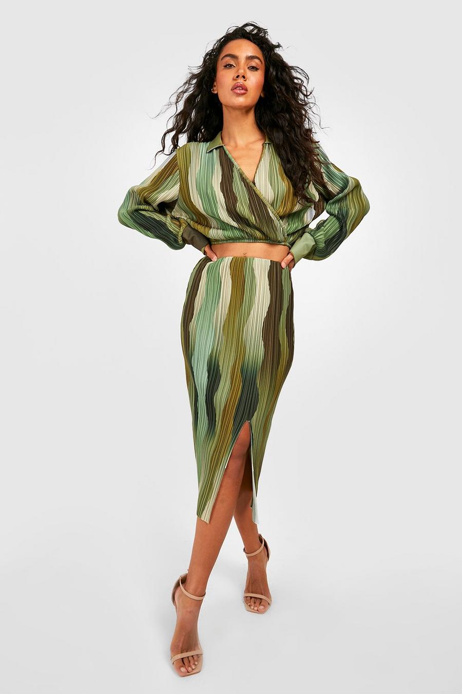 Falda midi plisada de tiro alto con abertura y estampado efecto mármol, Green image number 1