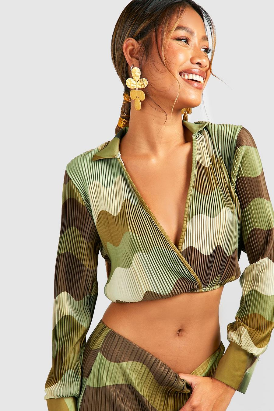 Green Plisse Marble Print Wrap Front Shirt image number 1