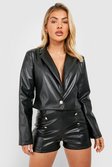 Black Leather Look Button Tailored Cropped Blazer