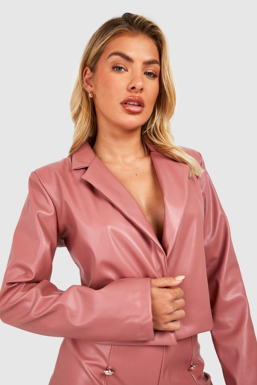 Spice Faux Leather Button Tailored Cropped Blazer image number 1