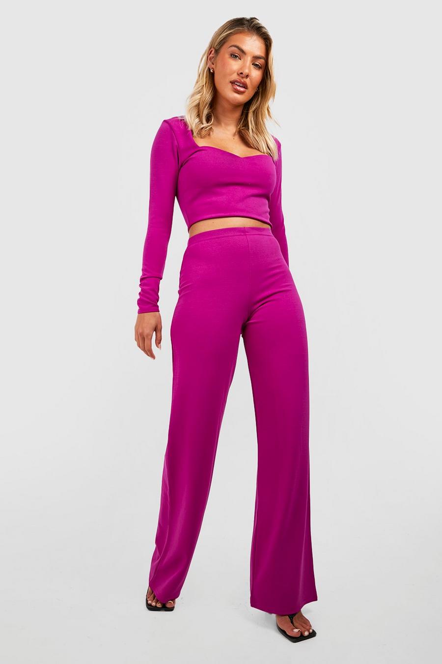 Purple Long Sleeve Crop Top & Wide Leg Pants