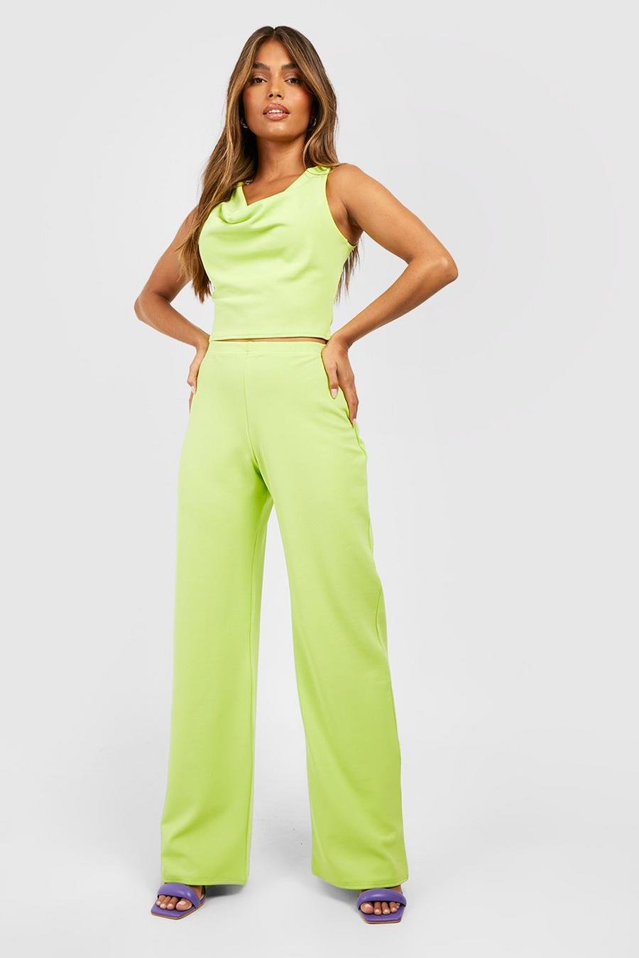 Chartreuse Cowl Neck Top & Wide Leg Pants image number 1
