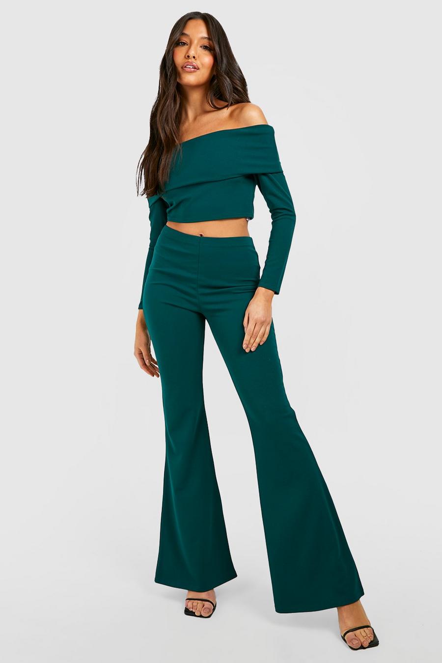 Emerald grön Long Sleeve Bardot Top & Flare Trousers image number 1