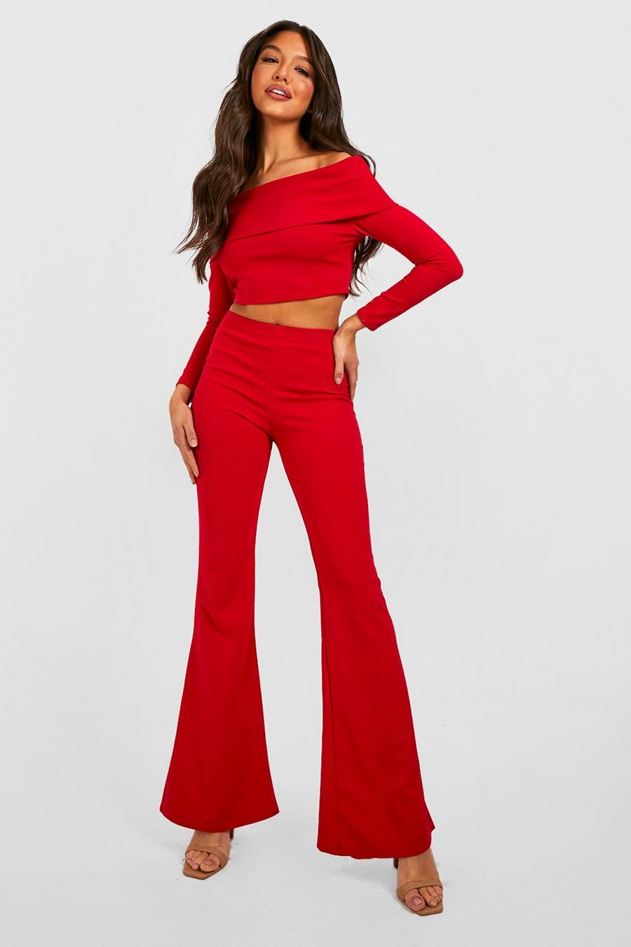 Red Long Sleeve Bardot Top & Flare Trousers image number 1