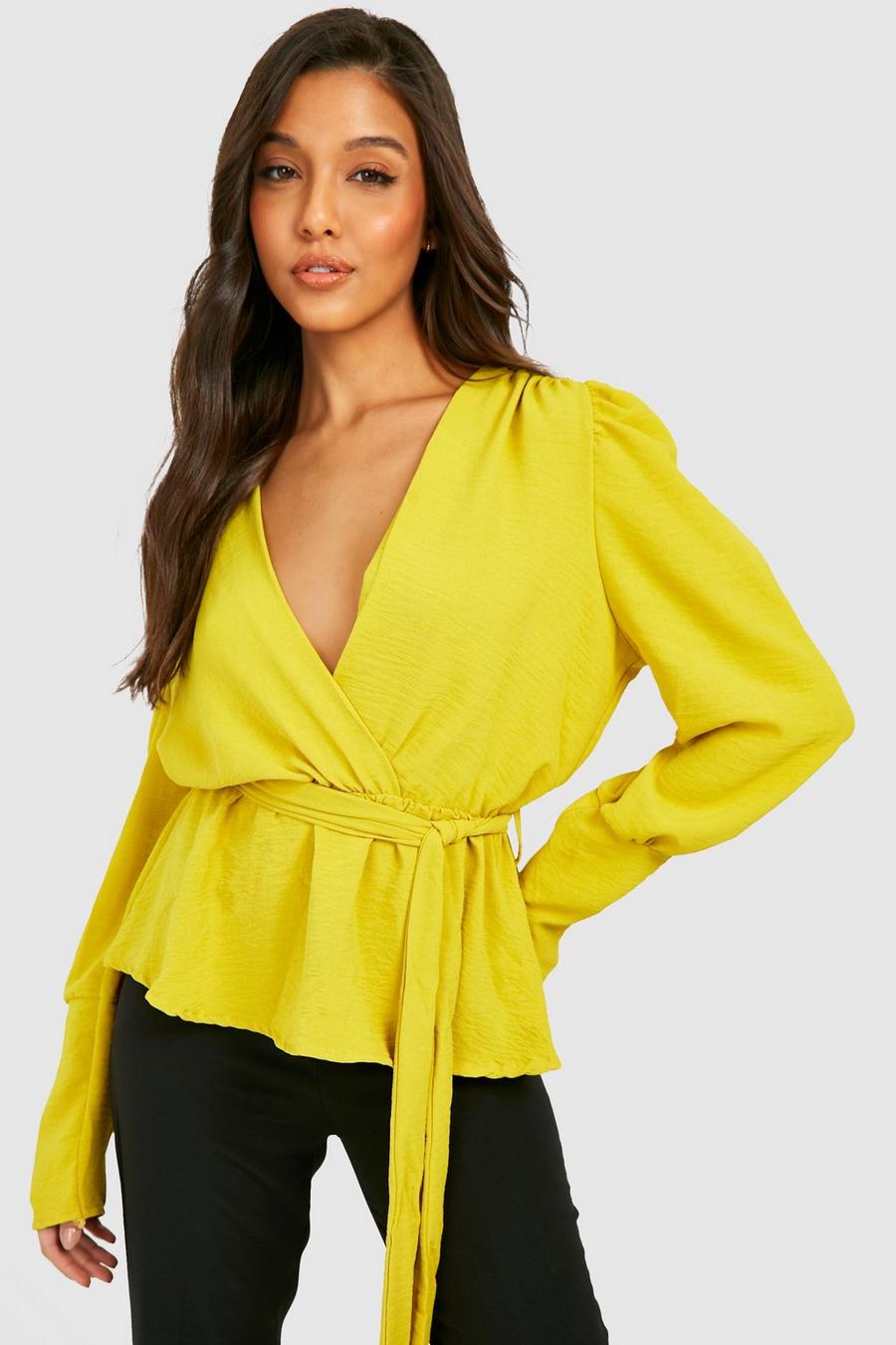 Women's Yellow Hammered Ruched Shoulder Wrap Front Blouse | Boohoo UK
