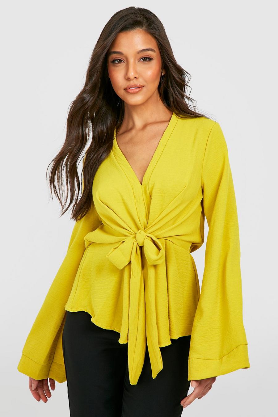 Ochre yellow Hammered Tie Front Flared Sleeve Blouse image number 1