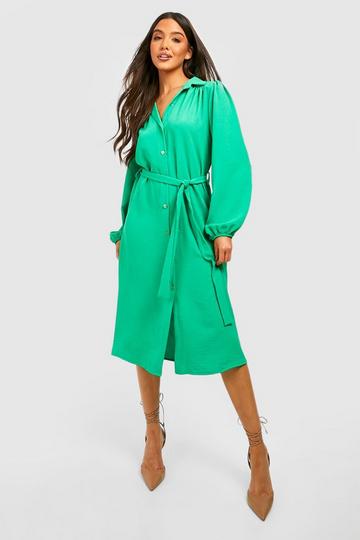 Green Hammered Puff Sleeve Midi Shirt Dress