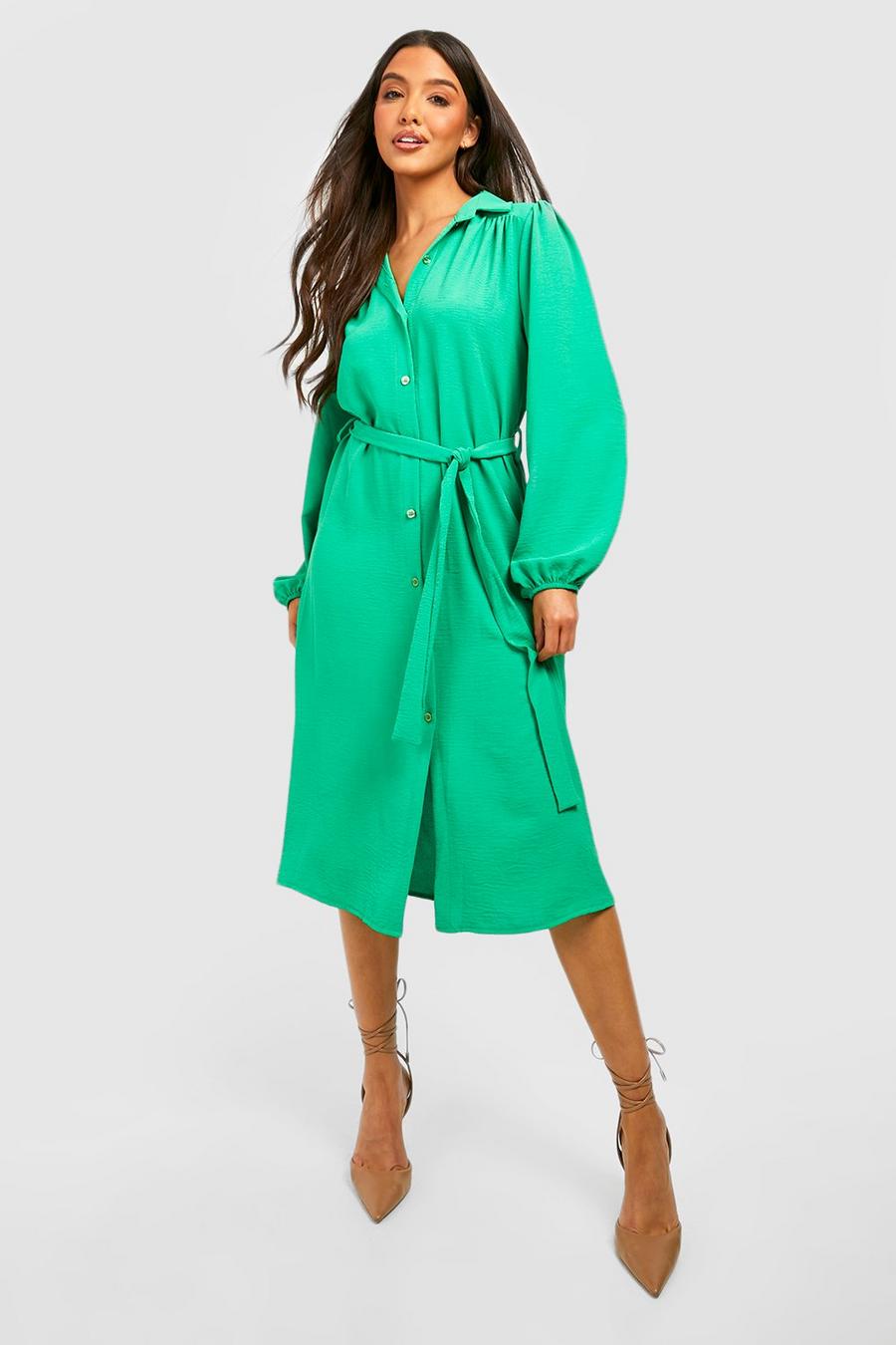 Bright green Hammered Volume Sleeve Midi Shirt Dress image number 1