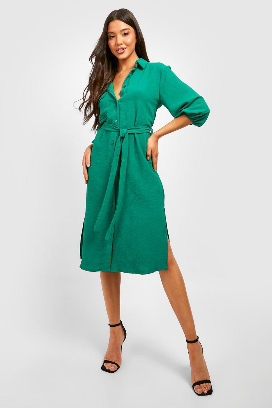 Jade green Hammered Pocket Detail Midi Shirt Dress