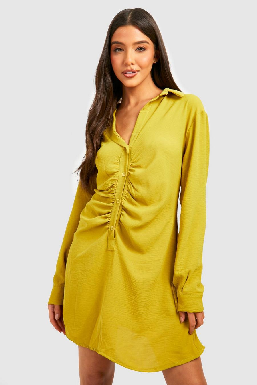 Chartreuse yellow Hammered Ruched Front Shirt Dress image number 1