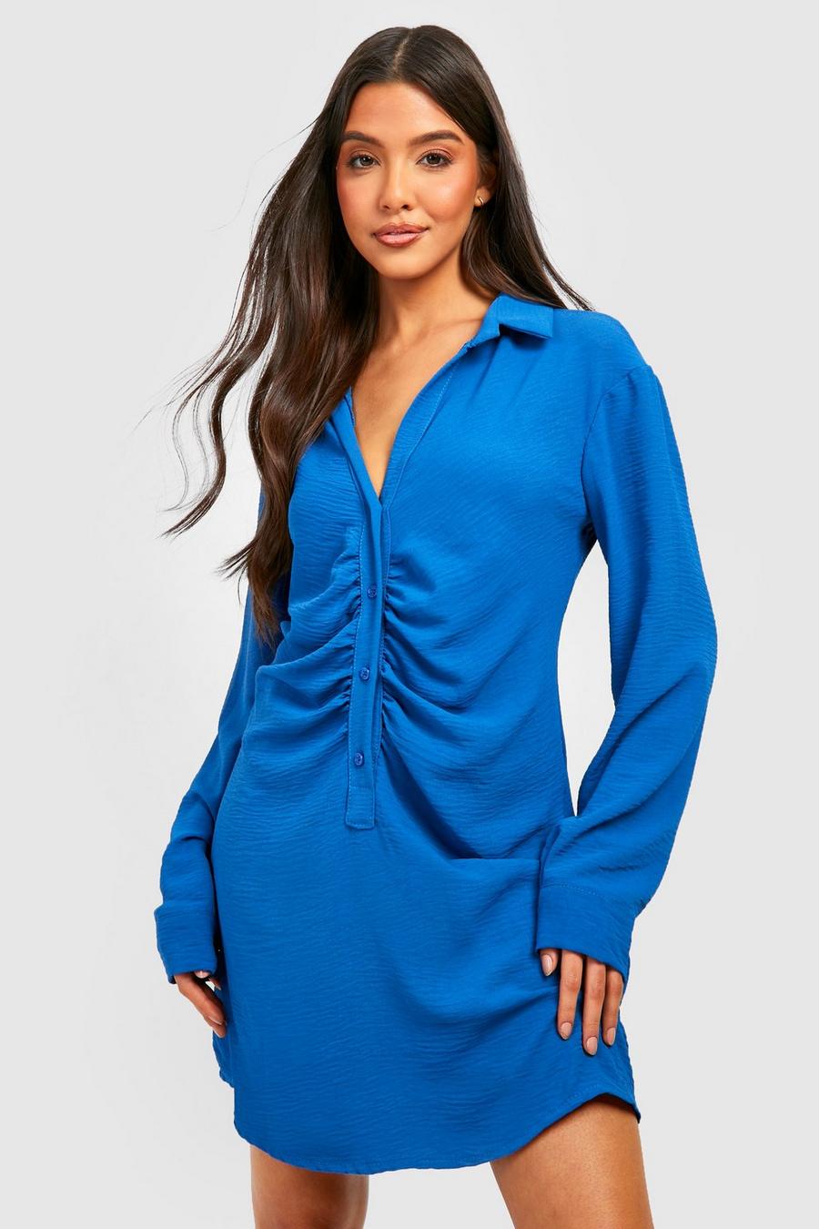 Cobalt blue Hammered Ruched Front Shirt Dress image number 1