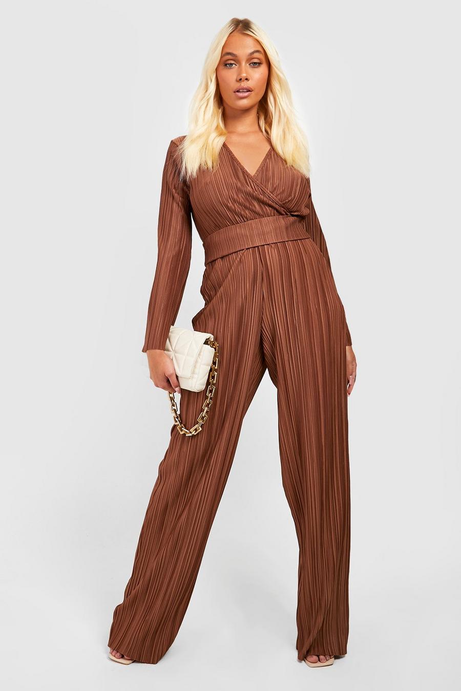 Chocolate Plisse Wide Leg Trousers image number 1