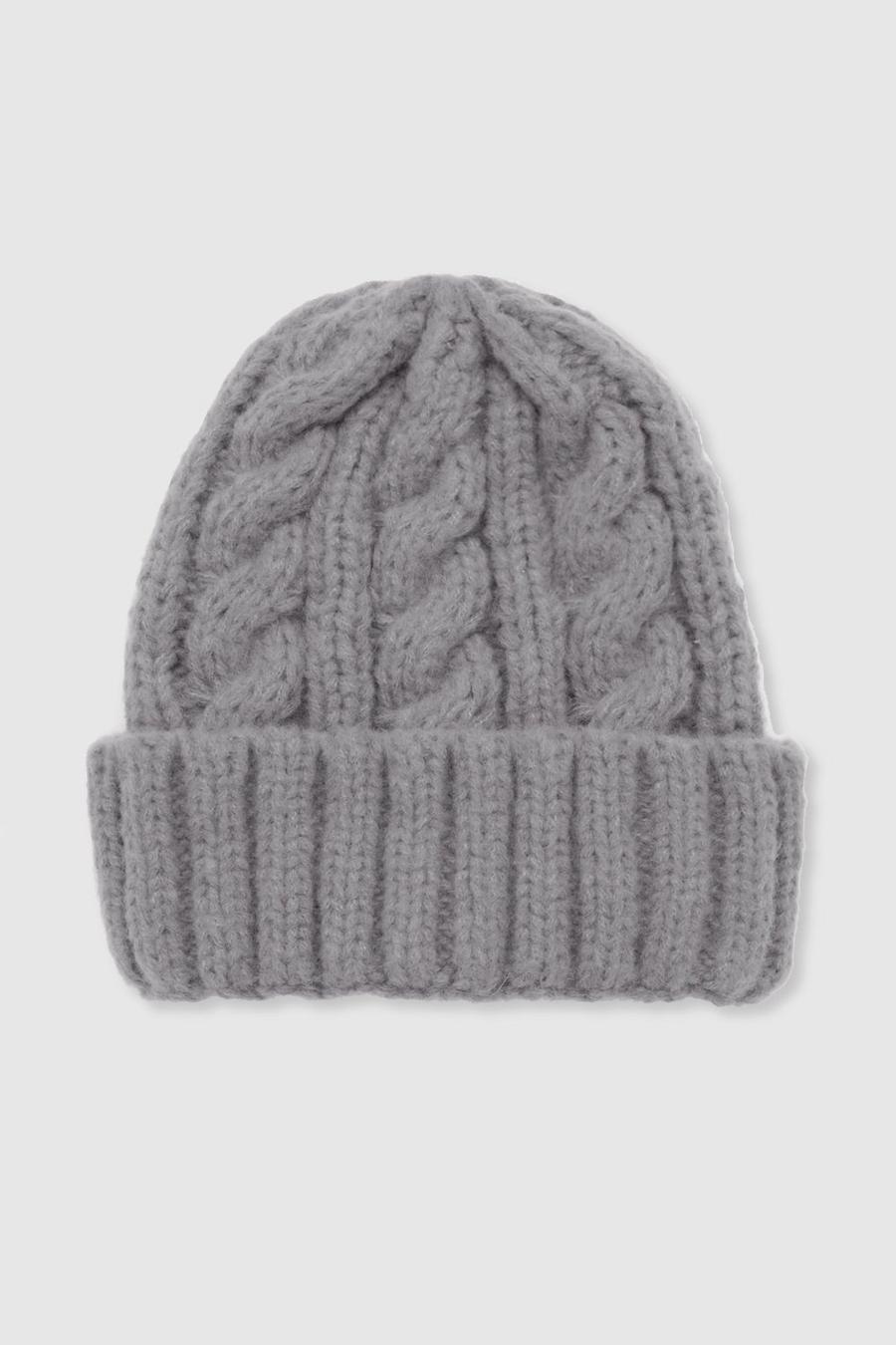 Chunky Grey Cable Knit Beanie 