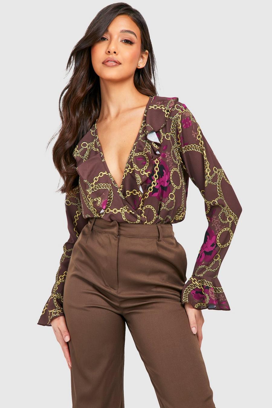 Chocolate Chain Print Ruffle Detail Wrap Front Bodysuit image number 1