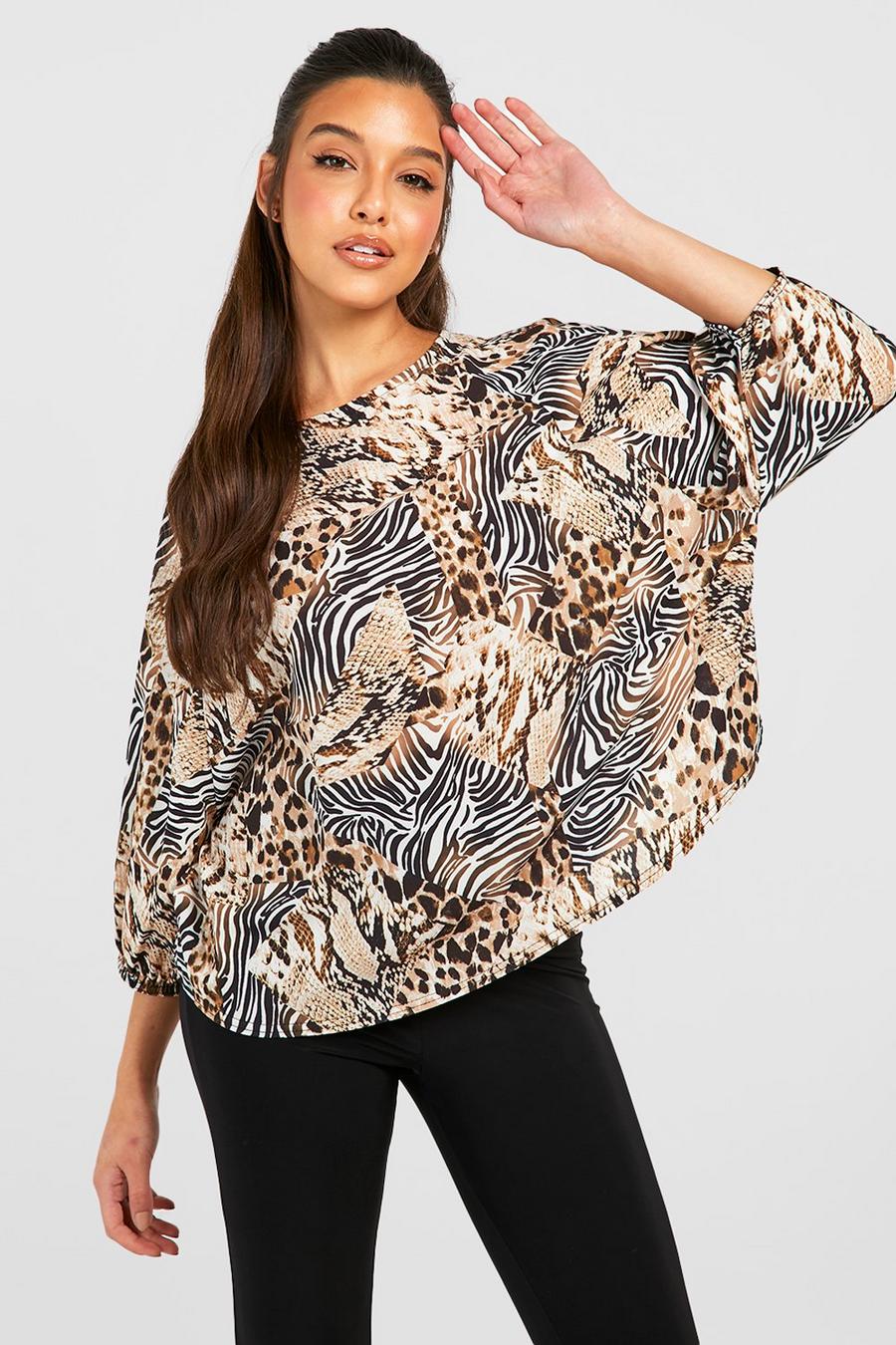 Chocolate brown Mixed Animal Print Batwing Sleeve Blouse