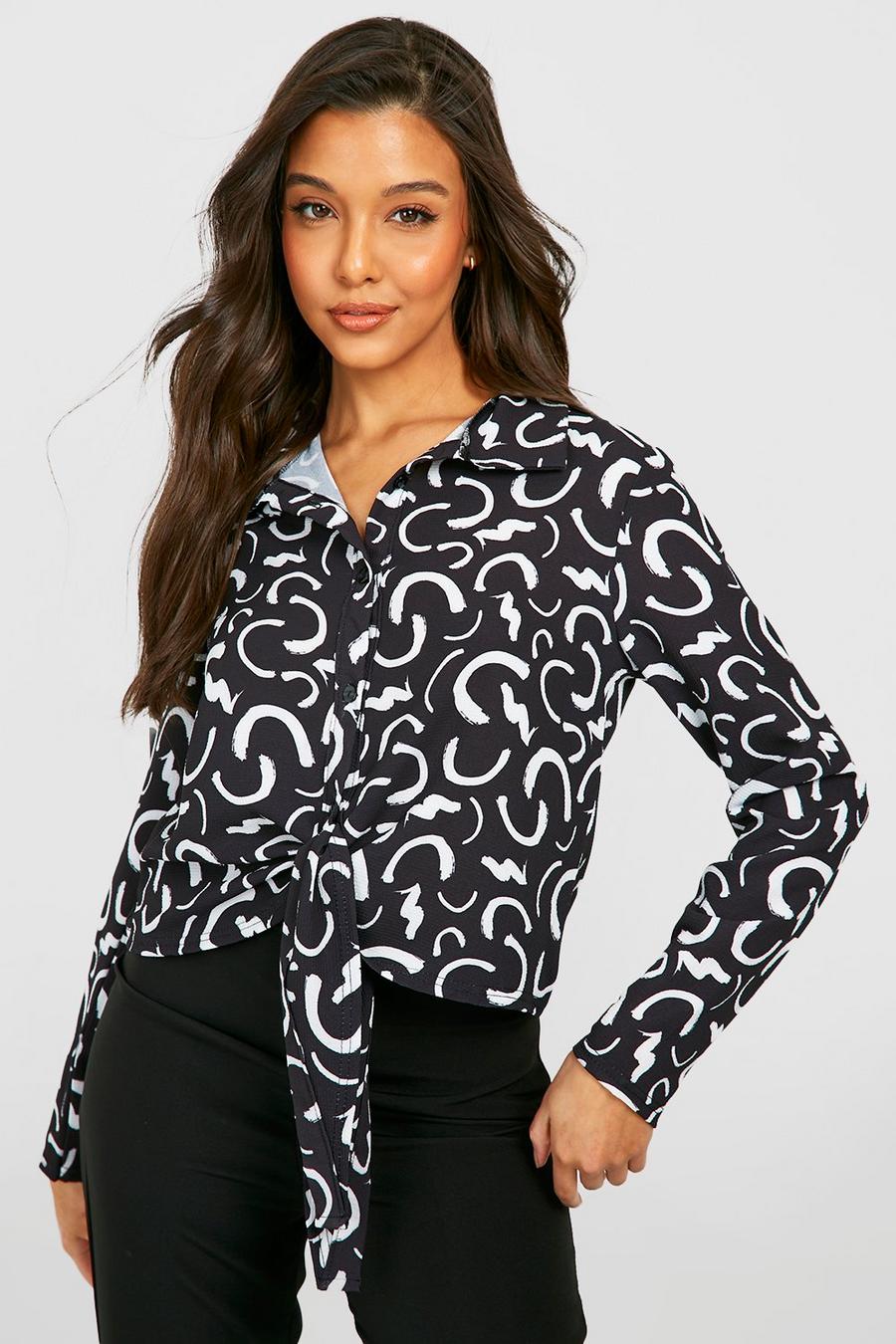 Black Abstract Print Tie Waist Woven Blouse image number 1