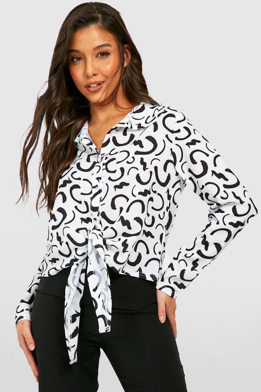 Ivory white Abstract Print Tie Waist Woven Blouse