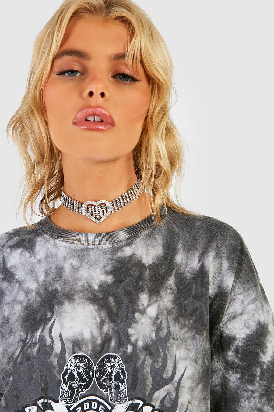 Silver Crystal Heart Choker Necklace image number 1