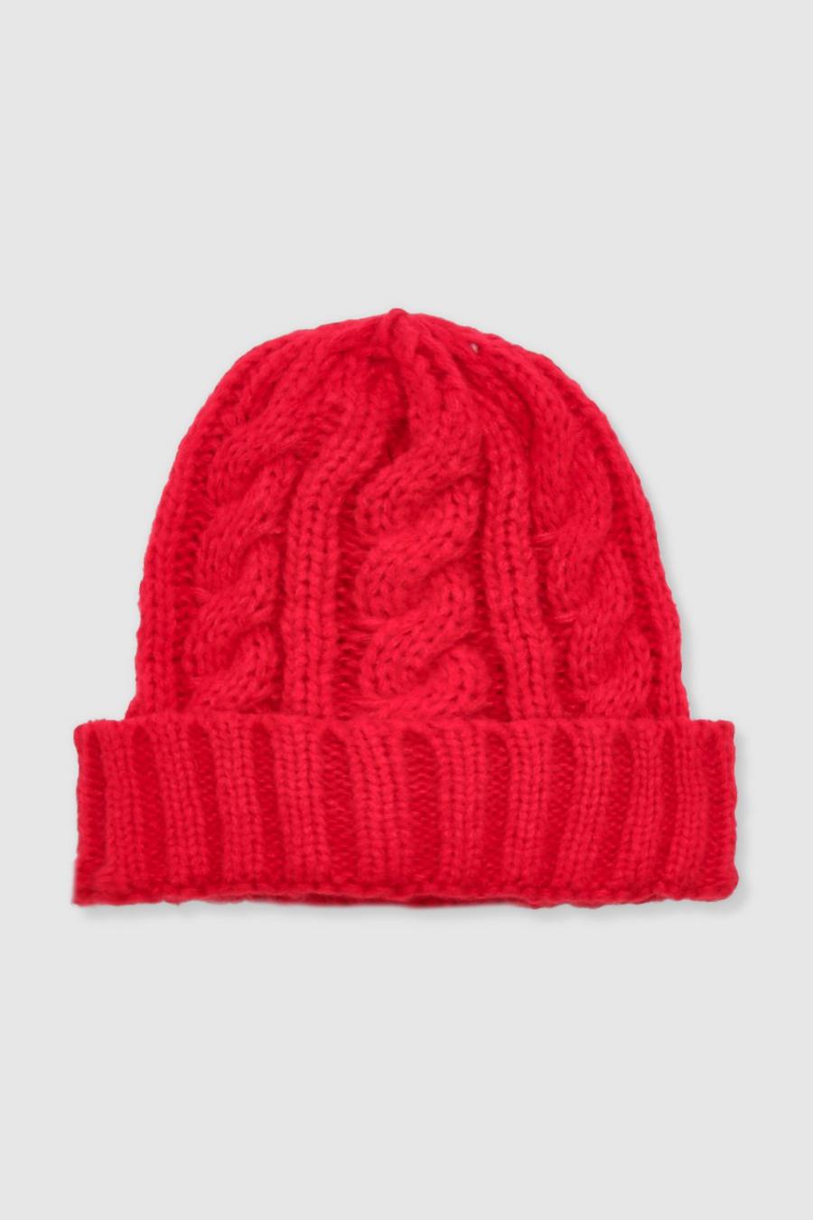 Chunky Red Cable Knit Beanie