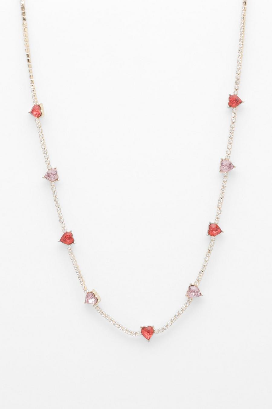 Gold metallic Heart Station Tennis Row Necklace