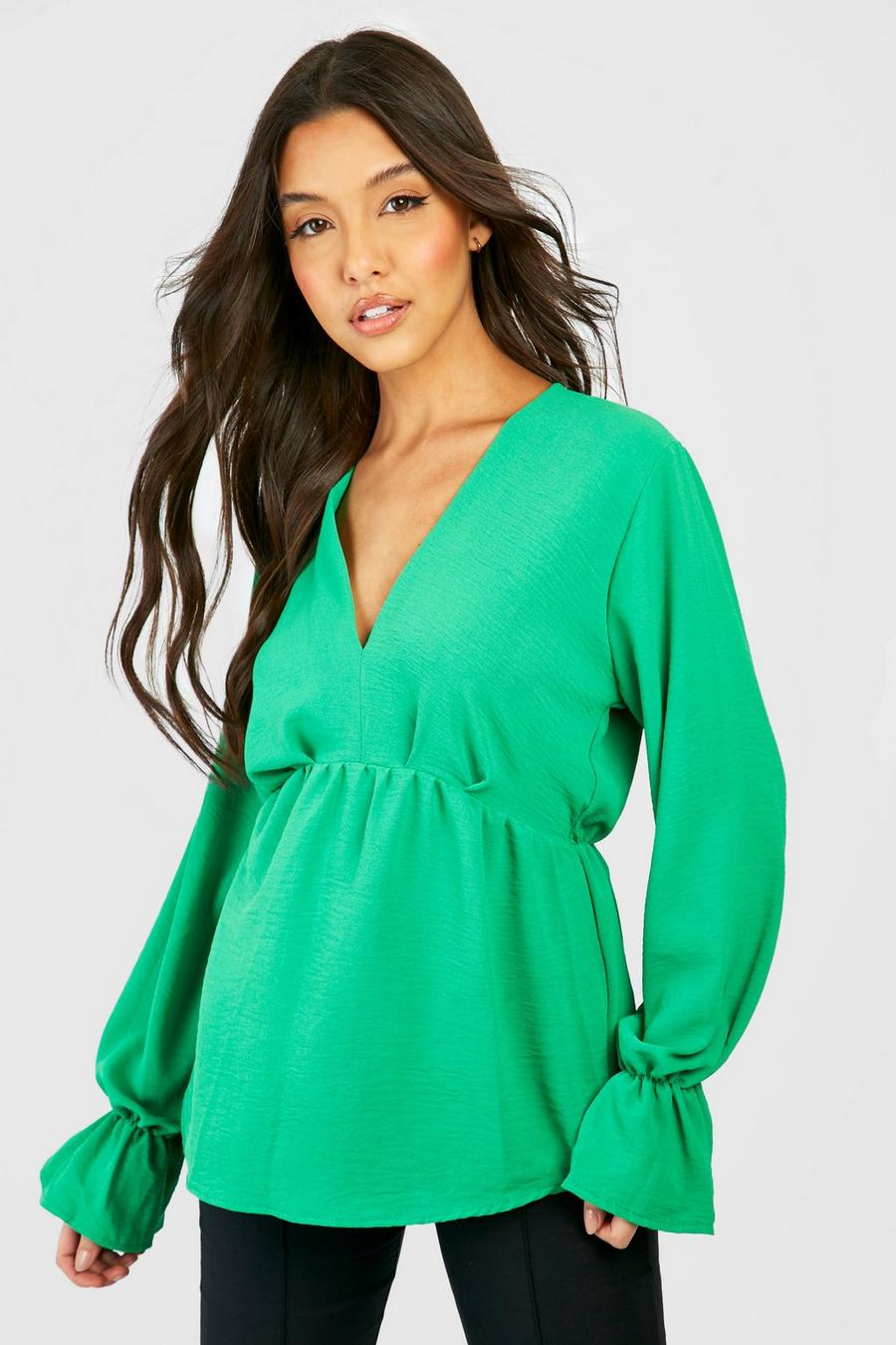 Bright green Hammered Gathered Waist Flared Sleeve Blouse image number 1