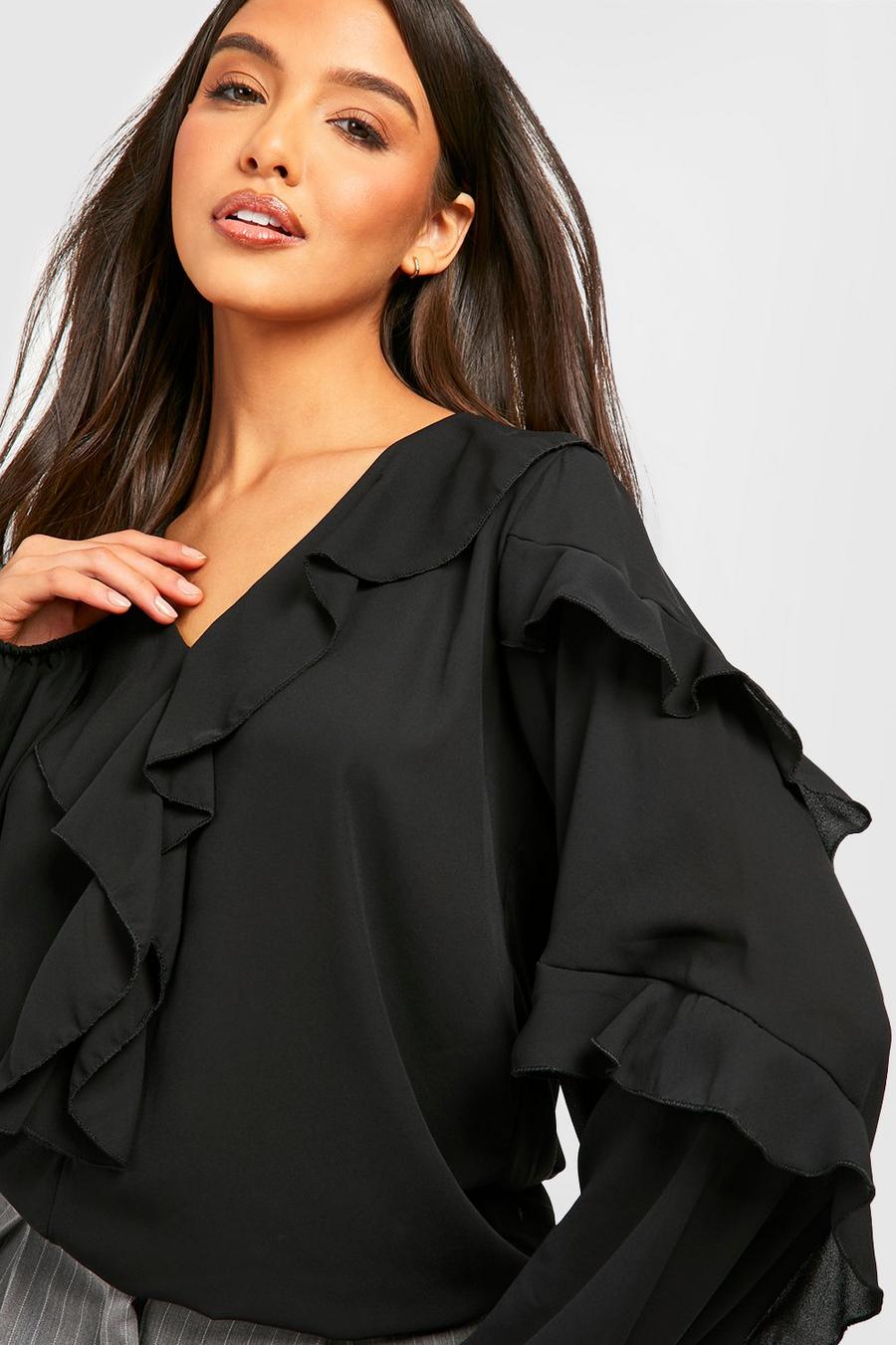 Black Ruffle Detail Puff Sleeve Blouse image number 1