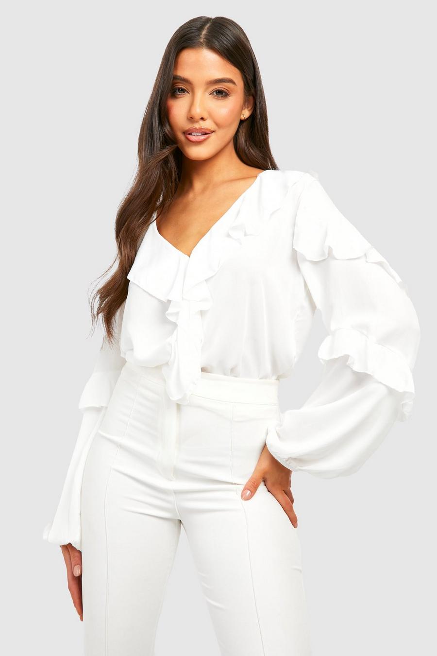 Ivory Ruffle Detail Puff Sleeve Blouse image number 1