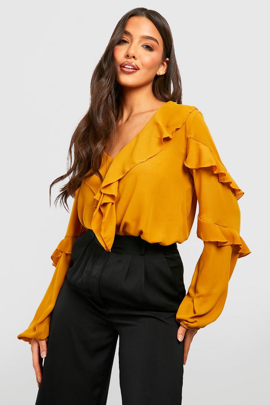 Ochre Ruffle Detail Puff Sleeve Blouse image number 1