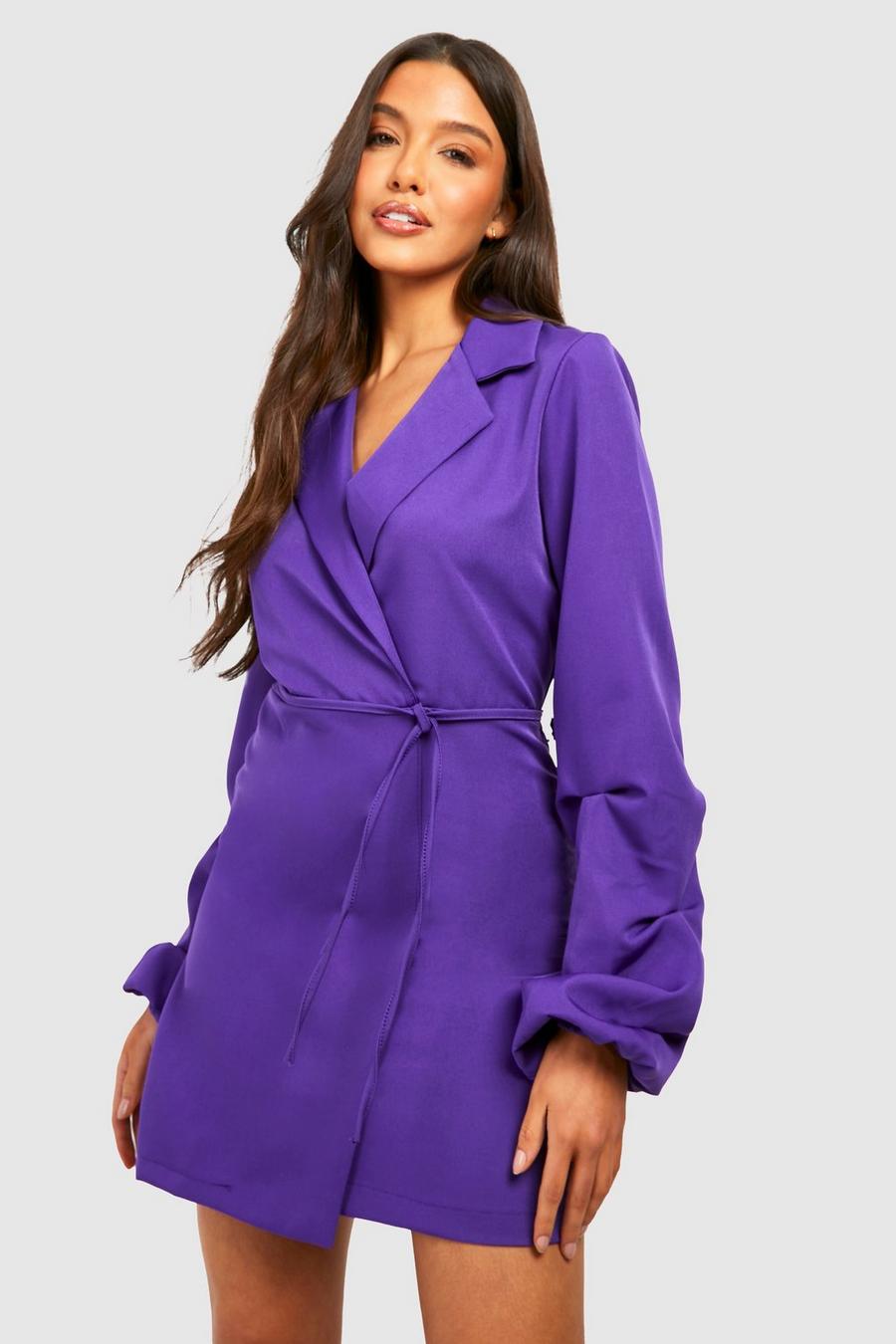 Purple Ruched Sleeve Wrap Front Blazer Dress