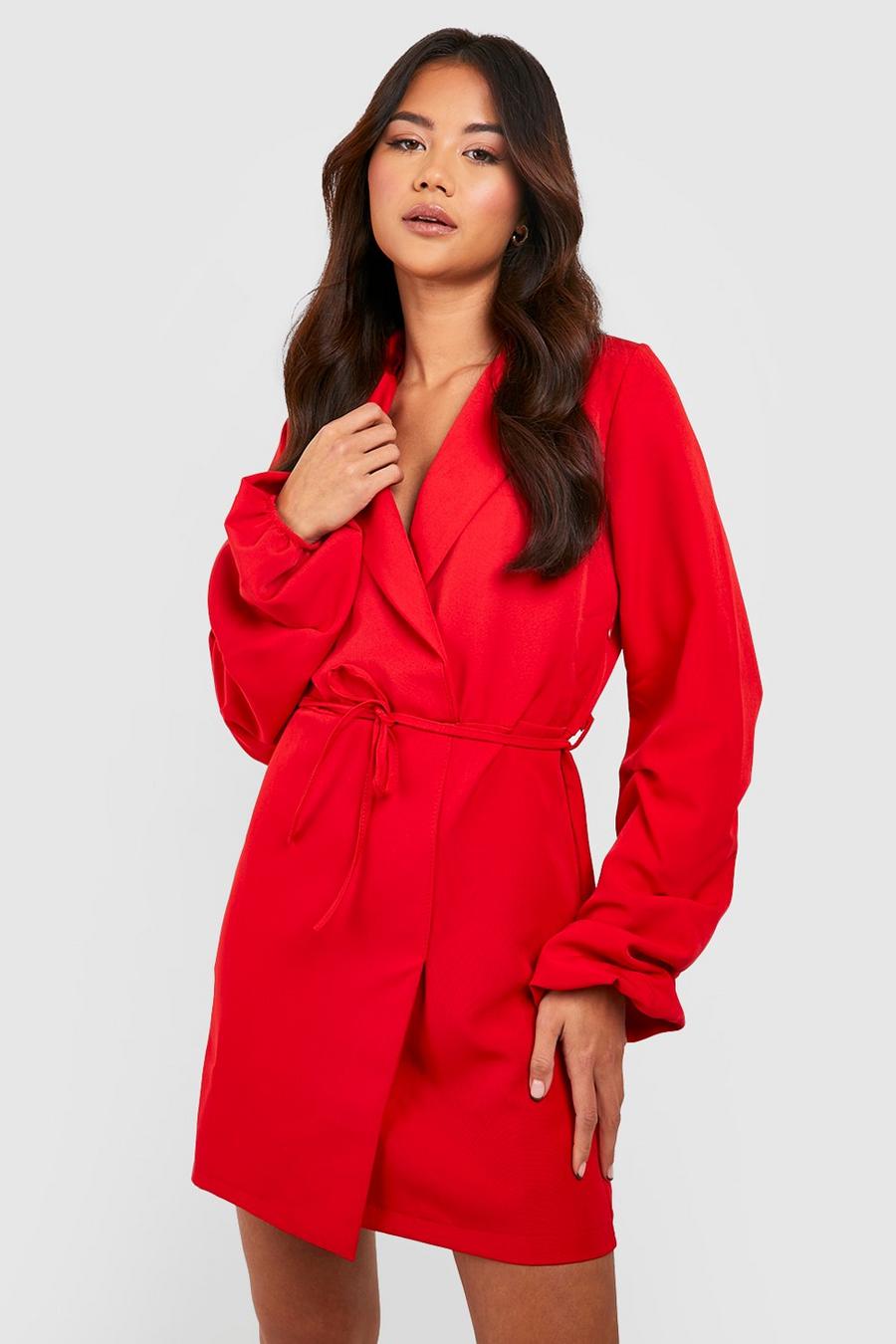 Red Ruched Sleeve Wrap Front Blazer Dress image number 1
