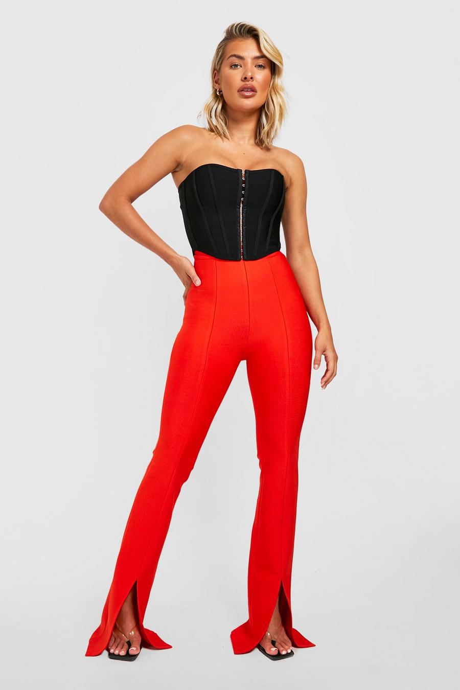 Red Premium Bandage Split Front Puddle Hem Flared Pants image number 1