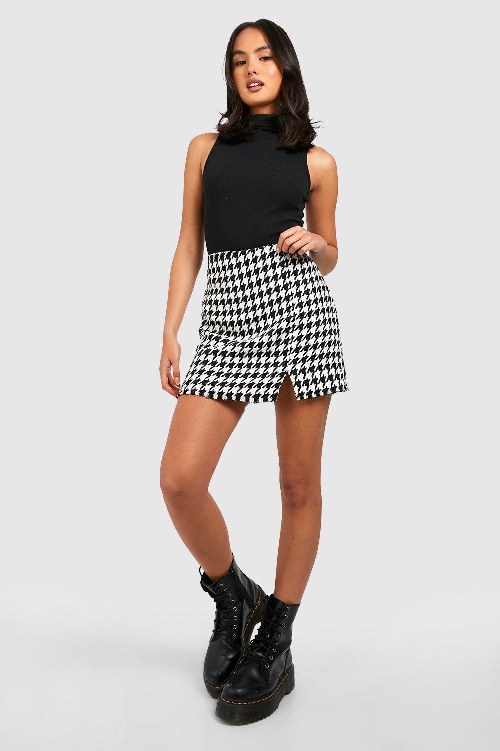 Boucle Houndstooth Raw Hem Micro Mini Skirt