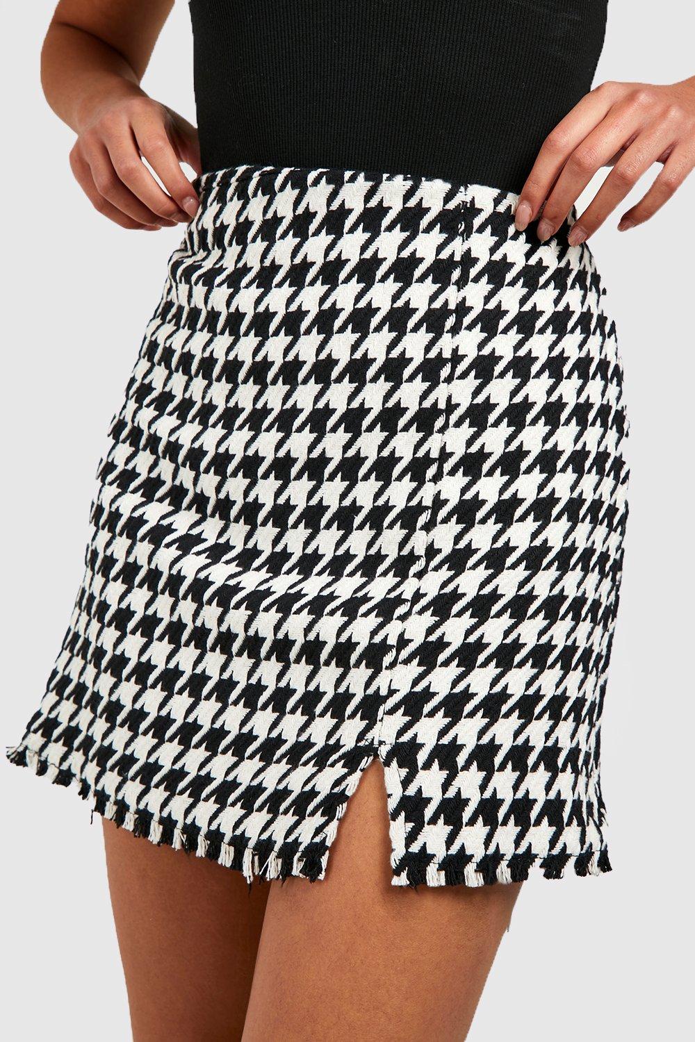 Boucle Houndstooth Raw Hem Micro Mini Skirt