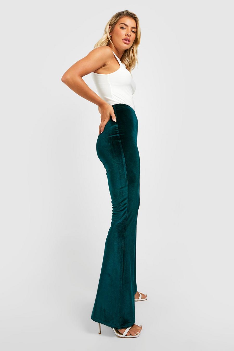Emerald Velvet High Waisted Flared Trousers image number 1
