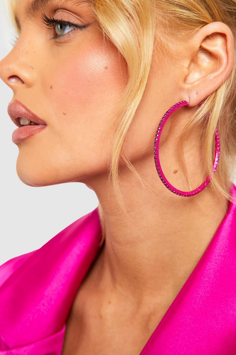 Hot Pink Crystal Large Hoop Earrings image number 1