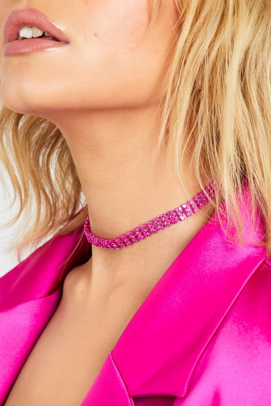 Pink Crystal Row Choker Necklace image number 1