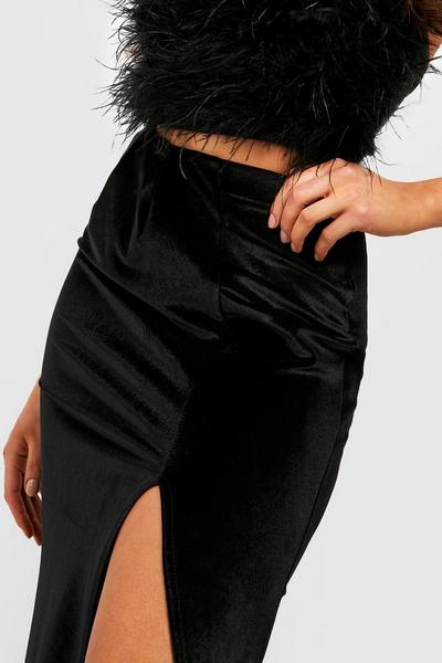 boohoo black Velvet Knotted High Split Maxi Skirt