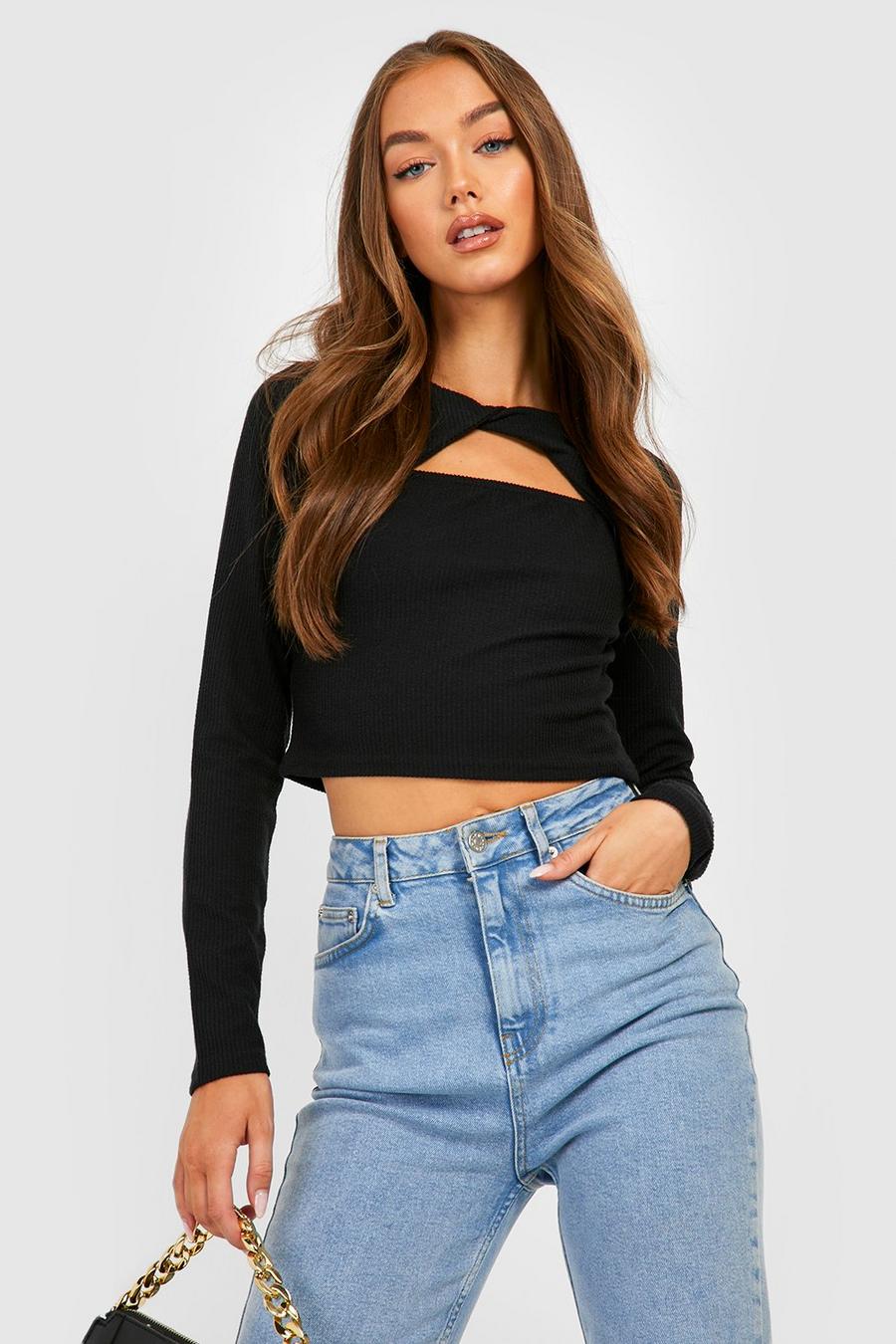 Monot Off-shoulder Twisted Crop Top in Black Womens Clothing Tops Long-sleeved tops 