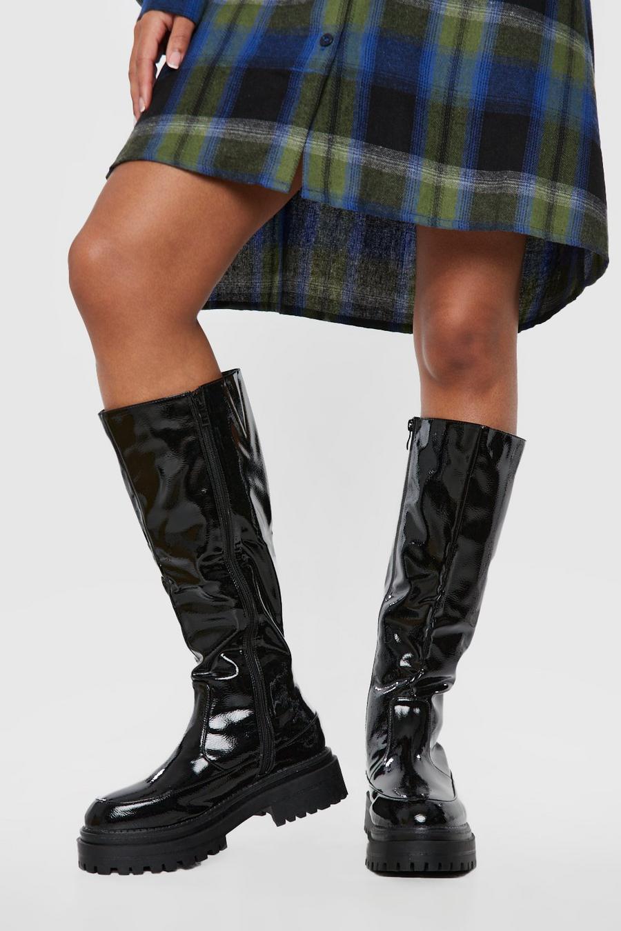 Black Wide Width Double Sole Knee High Boots image number 1