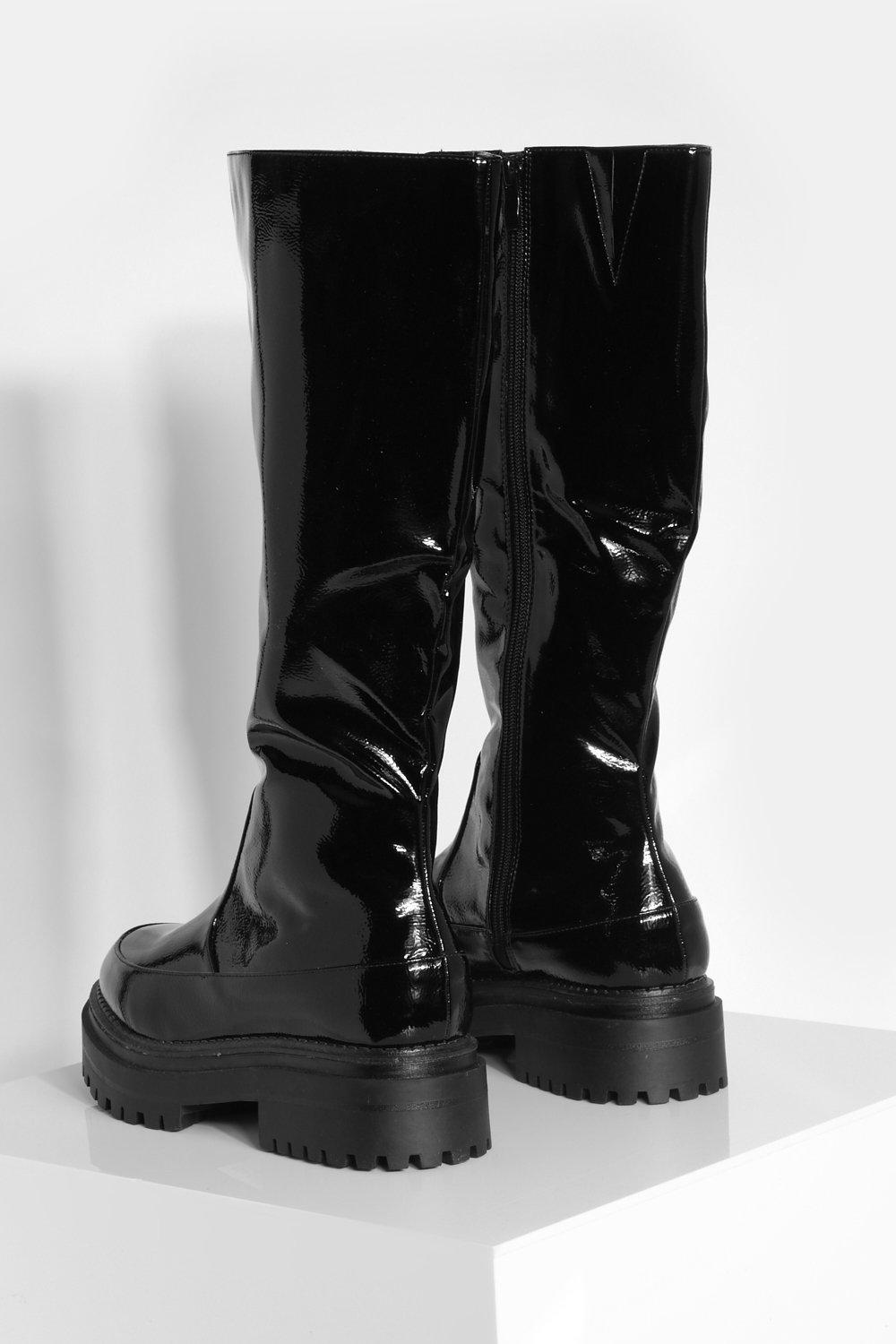 Black patent knee clearance high boots wide fit