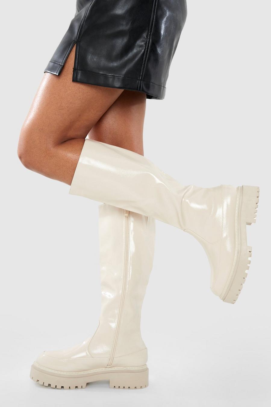 Cream white Wide Fit Double Sole Knee High Boots image number 1