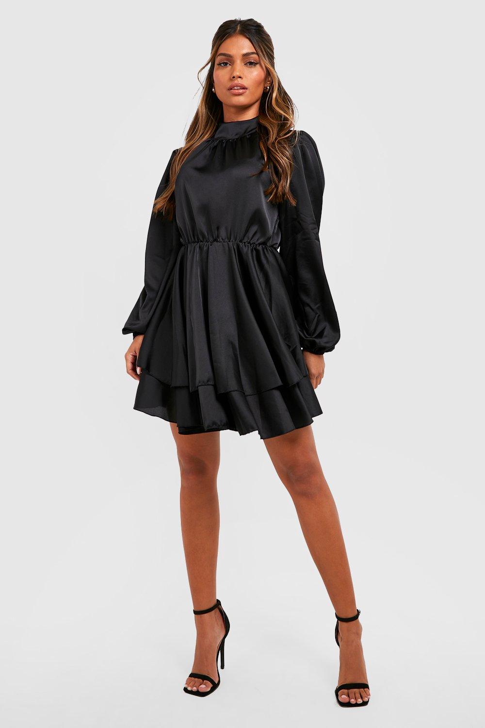 Satin High Neck Double Layer Skater Dress