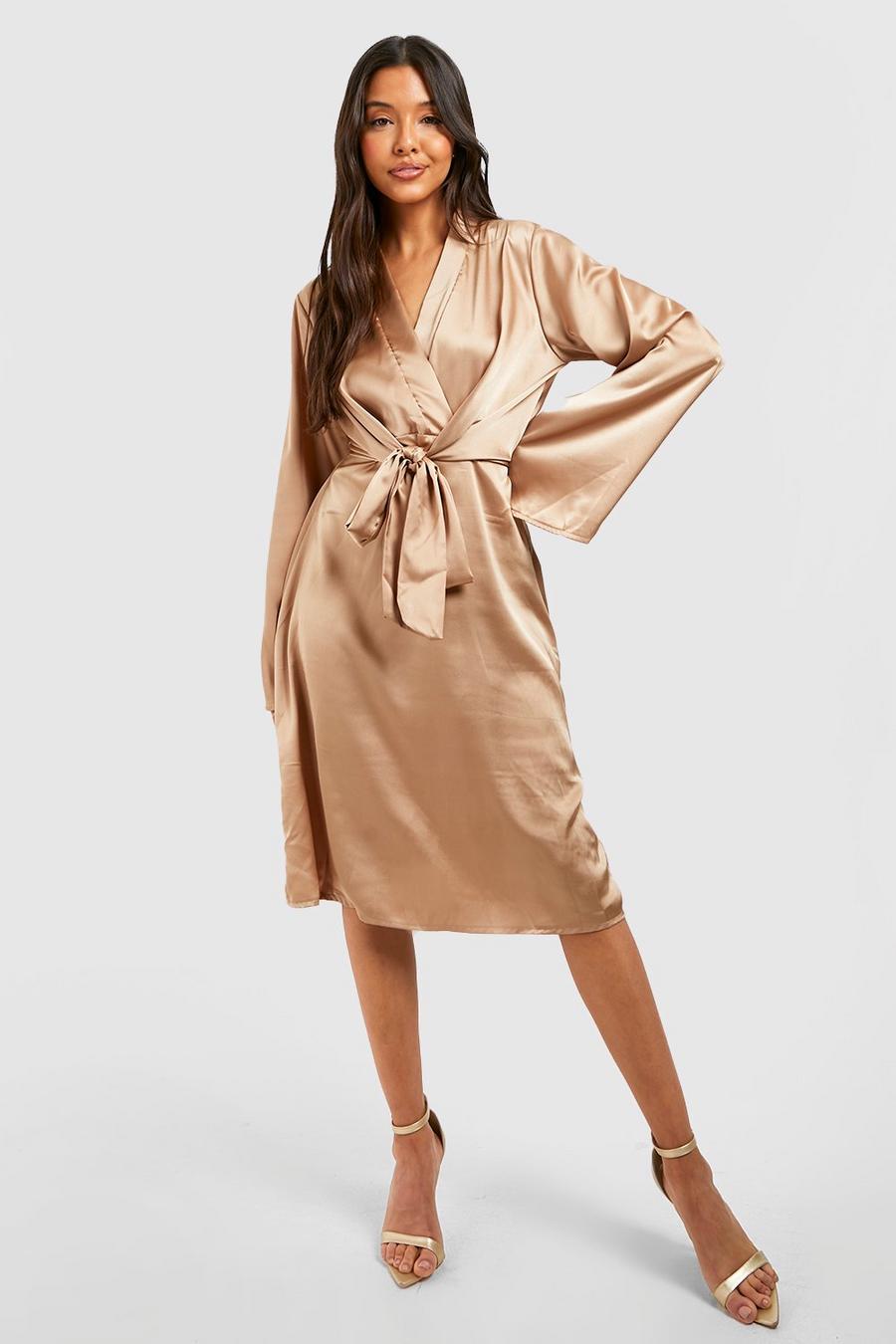 Champagne Satin Wide Sleeve Tie Front Midi Dress image number 1